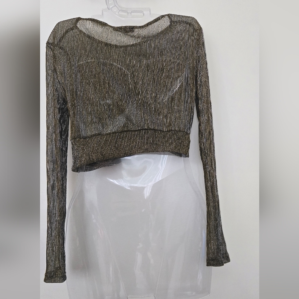 *3/$20 Long Sleeve Crop Top Black Gold Metallic Sheer - Picture 5 of 6